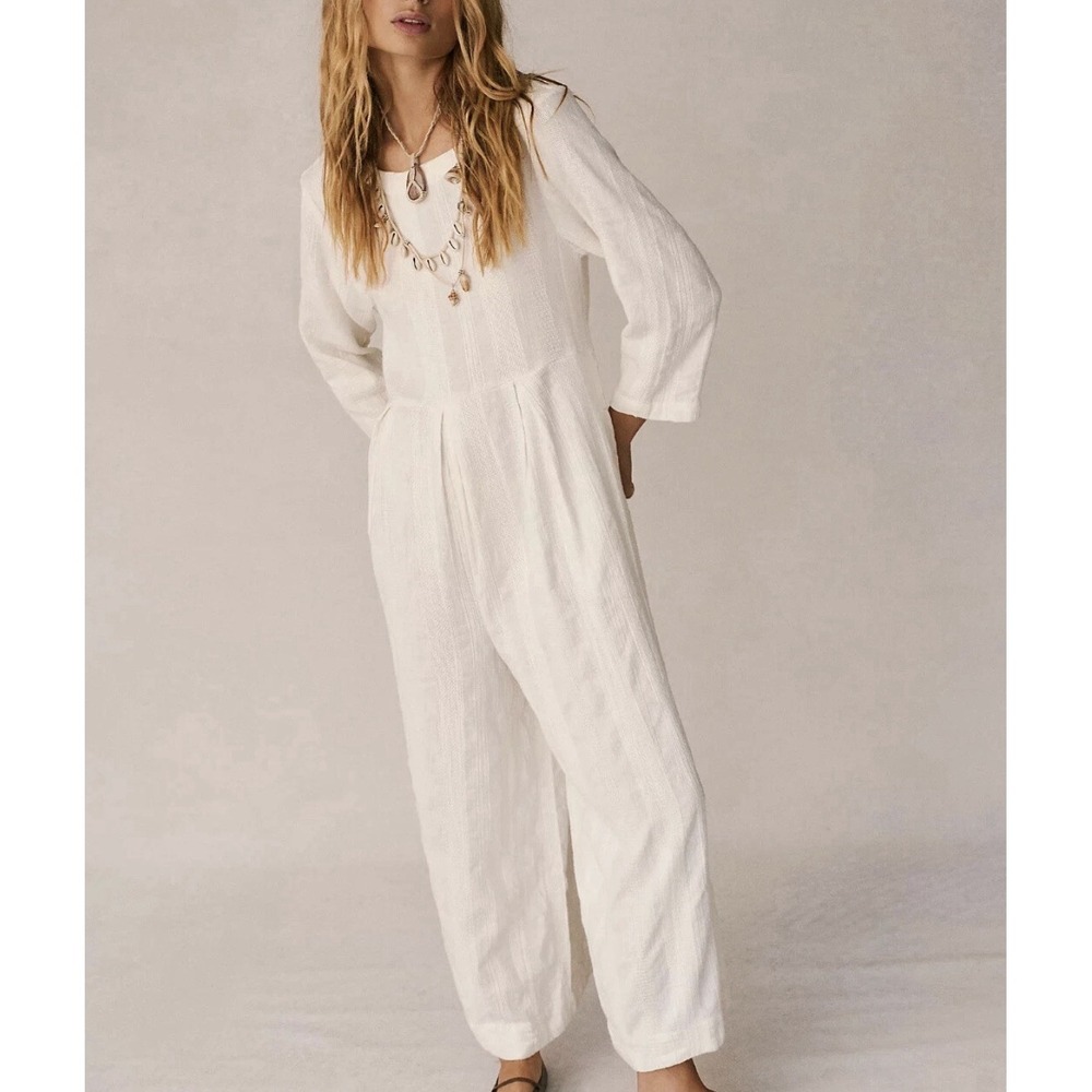 Free People Shiloh Wide Leg Jumpsuit White Boho Beach One Piece Small